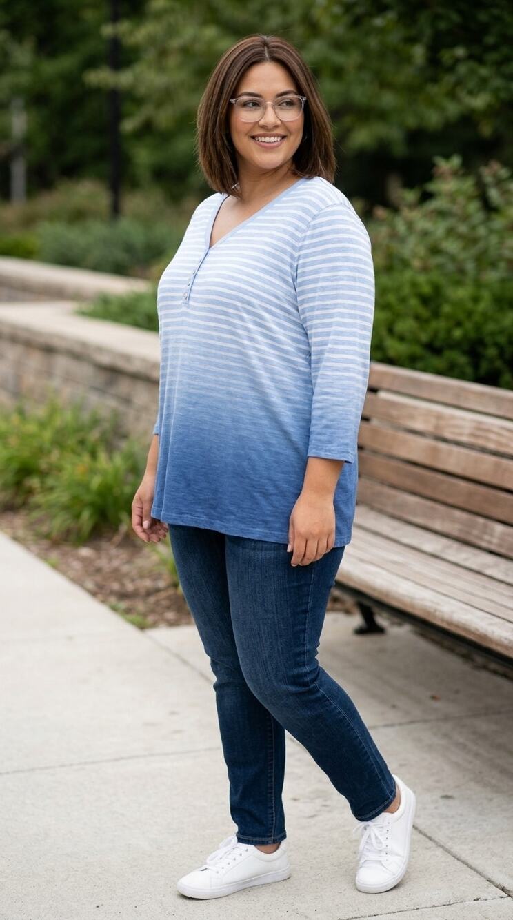 Chaps Striped Ombre Henley Top 3/4 Sleeve V-Neck Women Plus Size 2X